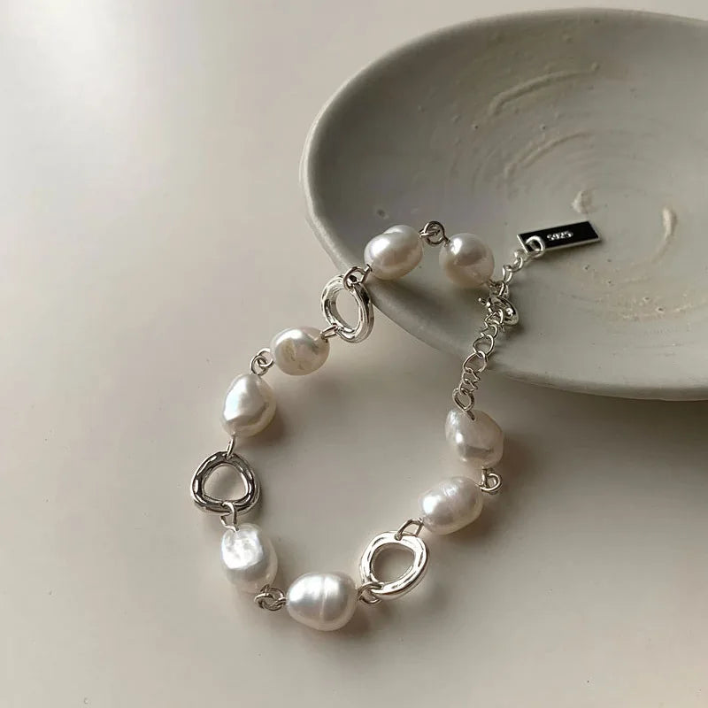 New 925 Silver Geometric Bead Pearl Punk Irregular Asymmetric Adjustable Bracelet For Woman Girl Fashion Jewelry Gift Dropship
