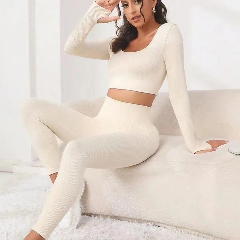 New autumn style threaded long sleeve trousers set, breathable and elastic, a good choice for sports yoga,
