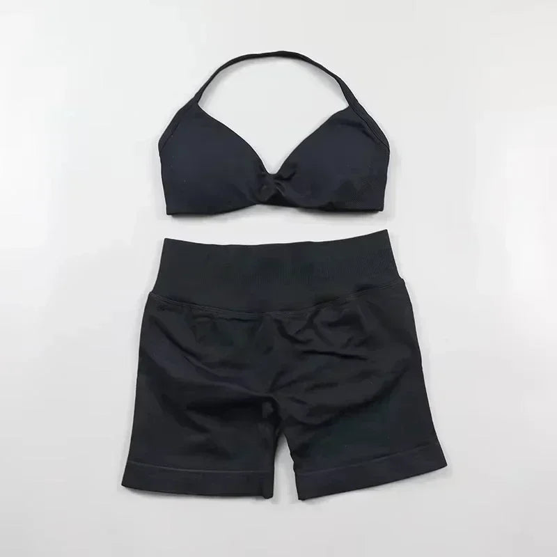 Seamless Sportswear Workout Set Women Two Piece Strappy Yoga Bra Top Scrunch Shorts Gym Clothes