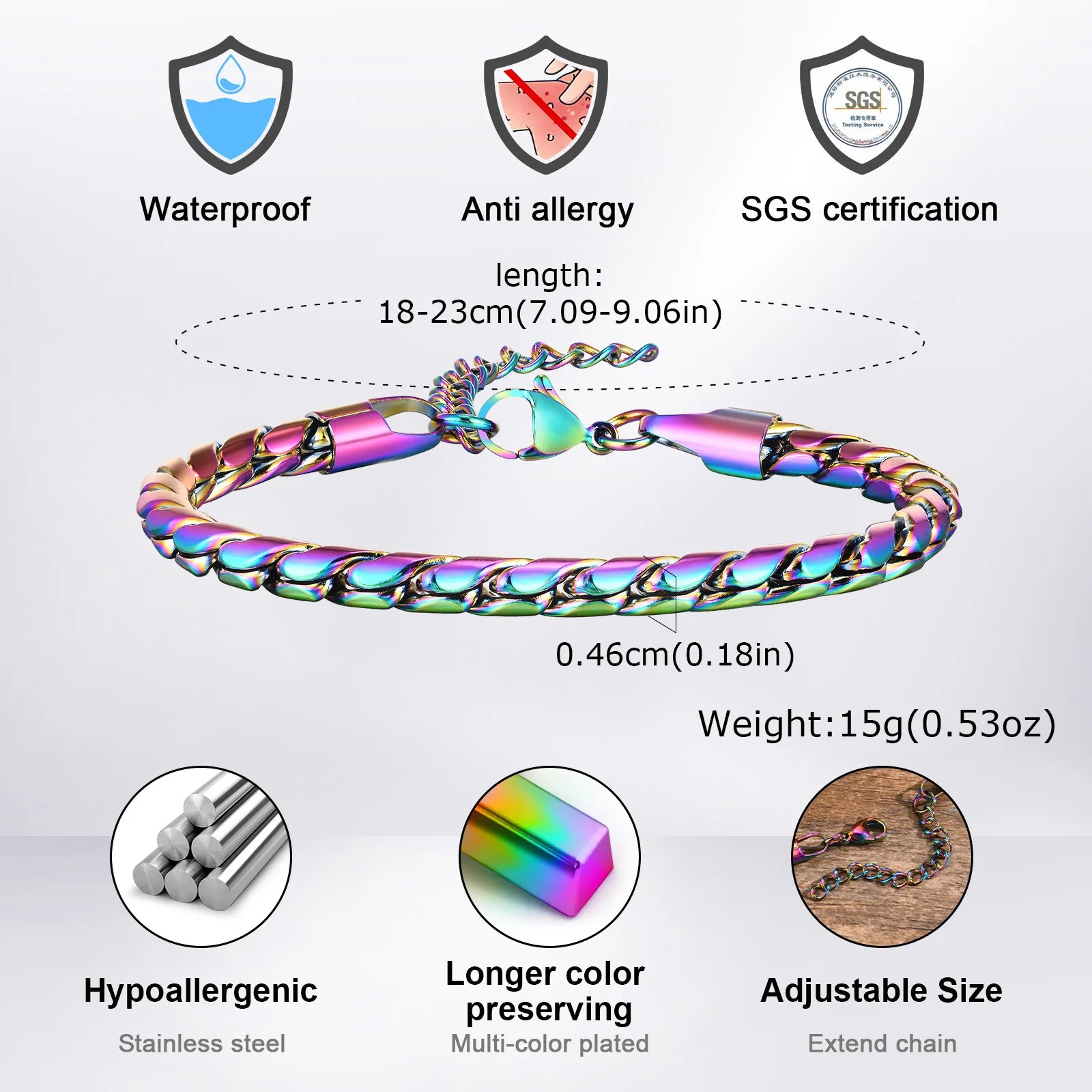 Vnox Colored Stainless Steel Handmade Snake Chain Bracelets for Men Boys,Adjustable Simple Metal Link Wristband, Hippie Jewelry