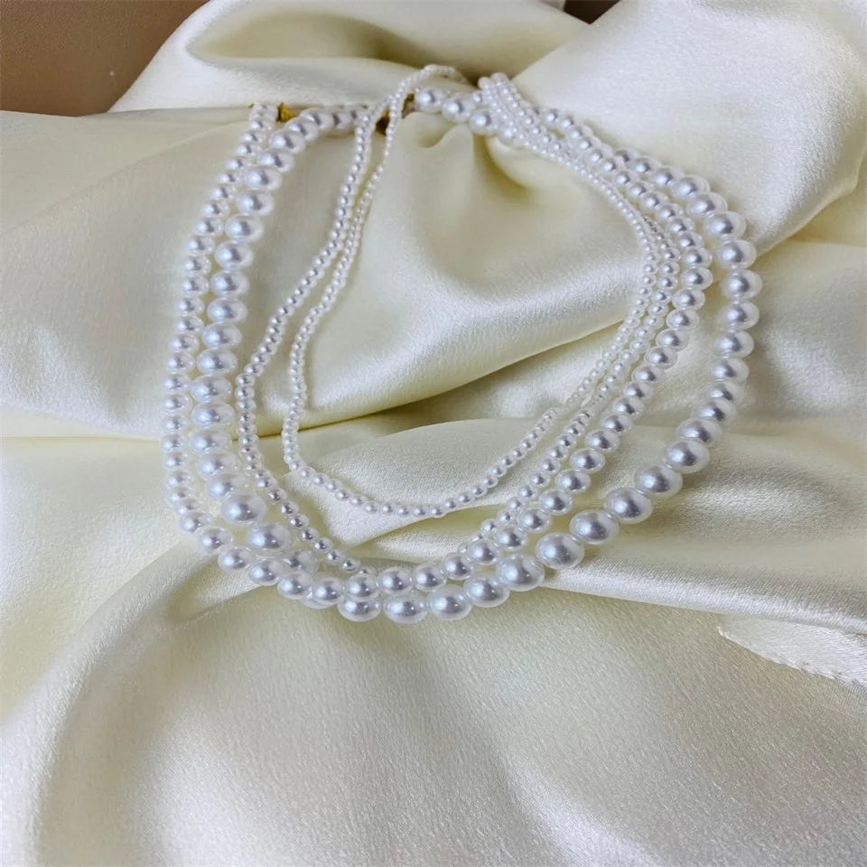 eManco New Imitation Pearl Necklaces Round Multi Size White Pearl Stainless Steel Necklace Women's Collarbone Chain