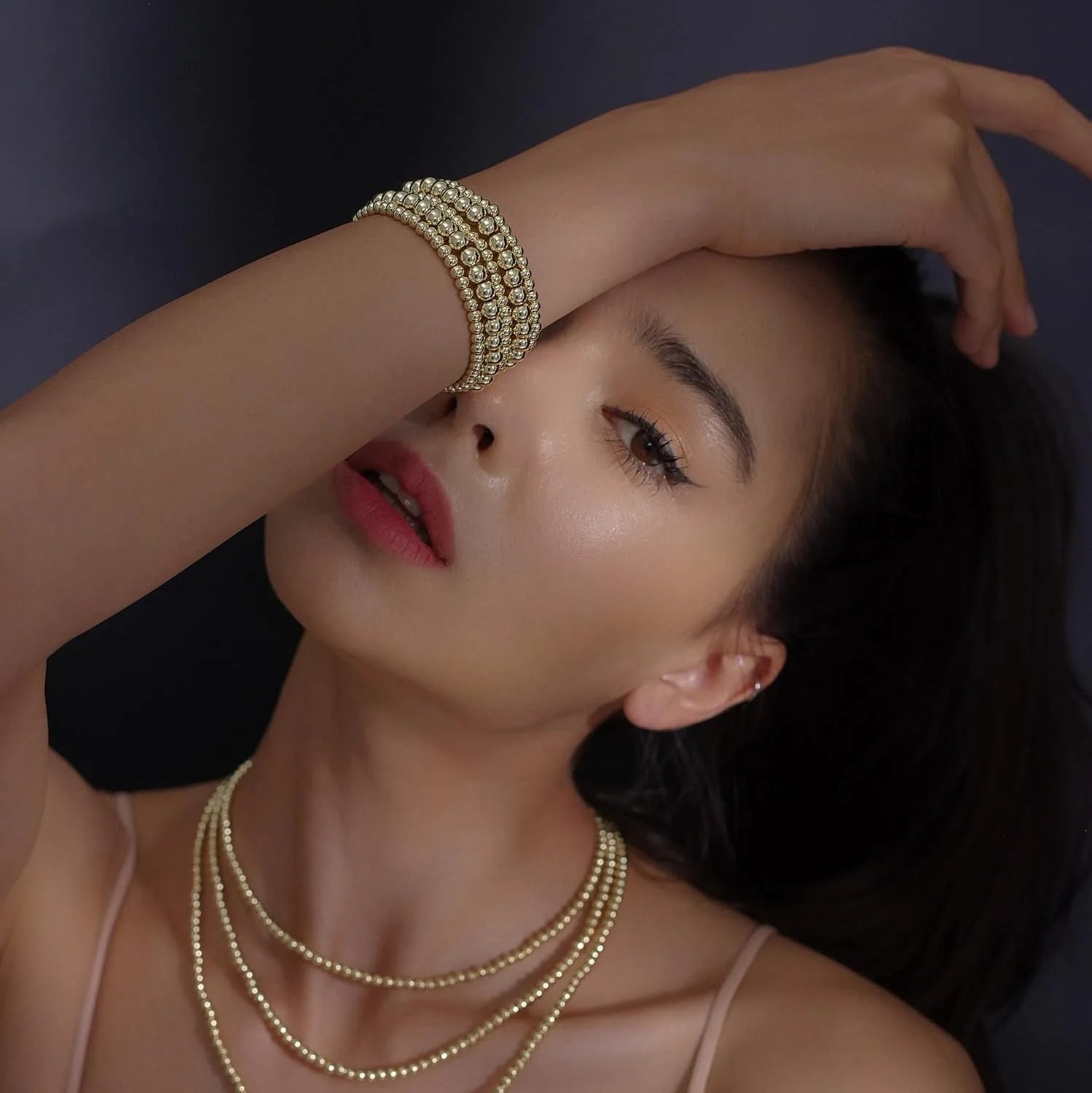 Gold Plate Bead Bracelet for Women 14K Gold Plated Bead Ball Bracelet Stretchable Elastic Hypoallergenic Bohemian Stackable