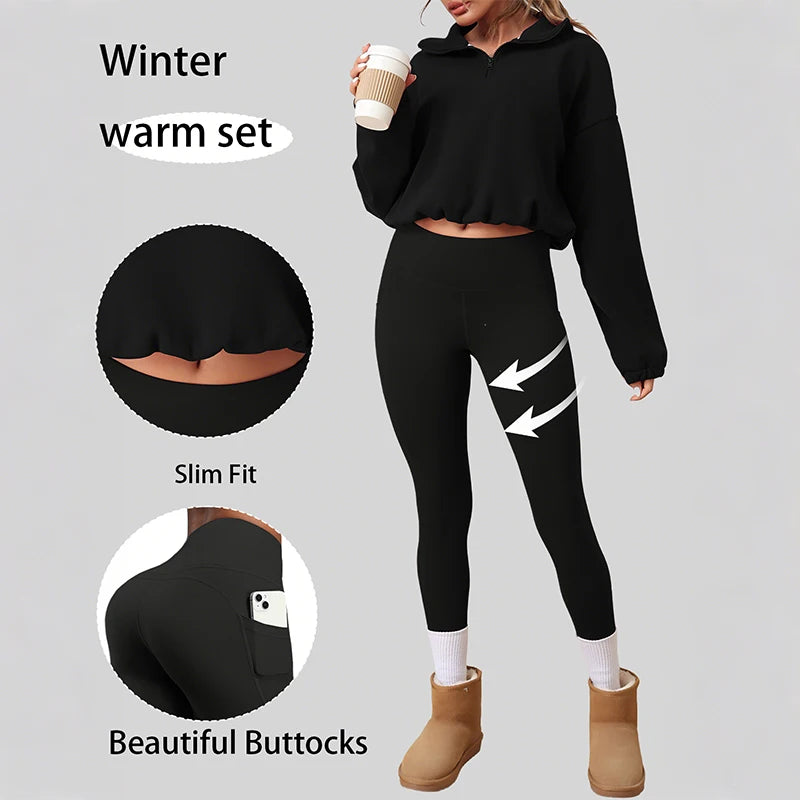 2PCS Thermal Yoga Set Fleece Fintness Suit Women's Sports Set  Fleece Pullover Sweatshirt with Non-fleece-lined  Leggings