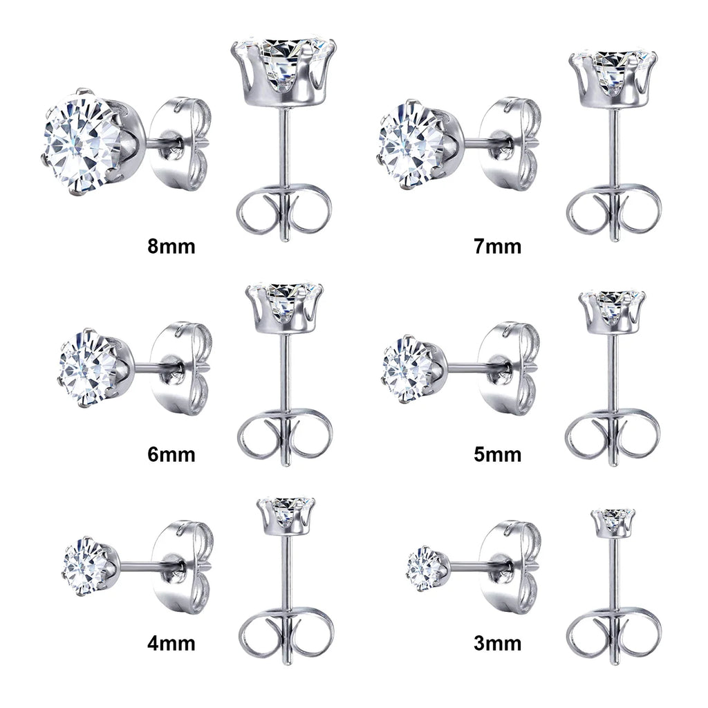 LUXUSTEEL 6Pairs/Set CZ Stud Earrings Stainless Steel Round White Cubic Zirconia Hypoallergenic 6 Claws Earring Trendy Jewelry