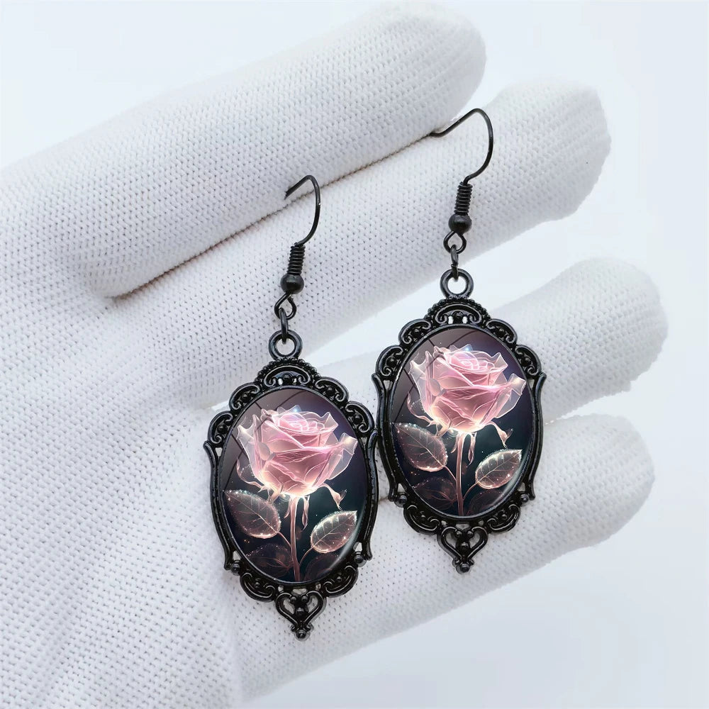 New Pink Rose Pendant Earrings Flower Art Black and White Lace Earrings Oval Glass Photo Niche Jewelry Romantic Gift Party
