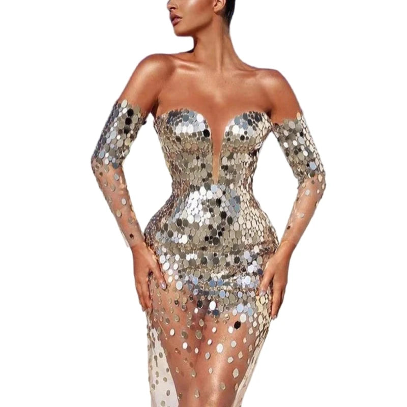 Long Sleeve Glitter Sequined Dress - Mesh Bodycon Evening Dress
