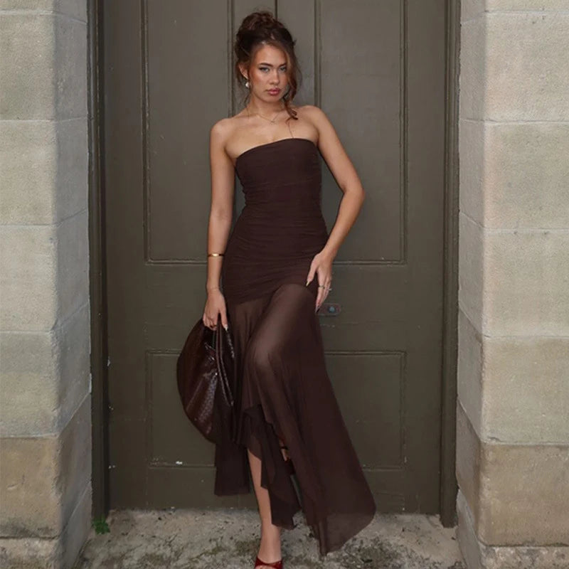 Tornova Sexy Strapless Split Long Dress For Women Mesh Splice Retro Elegant Party Dress Sleeveless Summer Vacation Dress Female