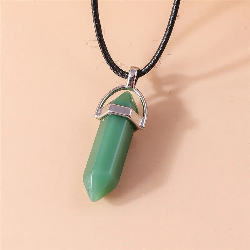 Natural Stone Quartz Lapis Opal Amethyst Pink Crystal Stone Hexagonal Column Pendant Necklaces Leather Chain Bullet Necklace