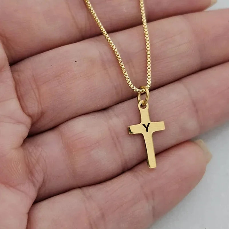 Initial Letter Cross Pendant Necklace - Gold Plated Kids Jewelry A-Z