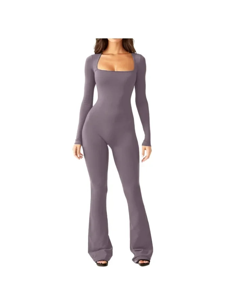 Women's Yoga Suit Long Sleeve Belly Tie Waist Hip Lift Square Neck Wide Leg High Elastic Jumpsuit