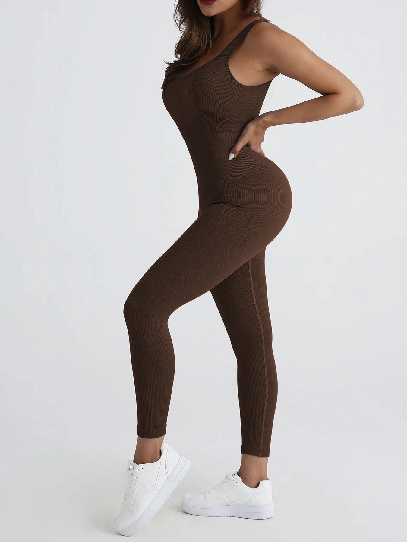 Women Workout Seamless Jumpsuit Yoga Ribbed Bodycon One Piece Square Neck Leggings Romper