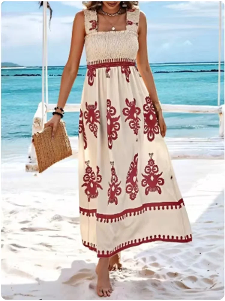 Trendy Square Neck Sleeveless Printed Dresses Women's Suspender High Waist Dress Beach Vacation Robe
