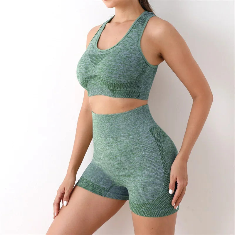 2PCS Seamless Women Yoga Set Workout Sportswear Gym Clothing Fitness Long Sleeve Crop Top High Waist Leggings Sports Suits