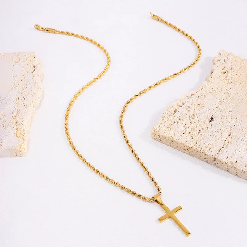 Fashion Cross Stainless Steel Necklace for Women Men Gold Color Pendant Stainless Steel Jewelry Collares Gifts Sweater Necklace