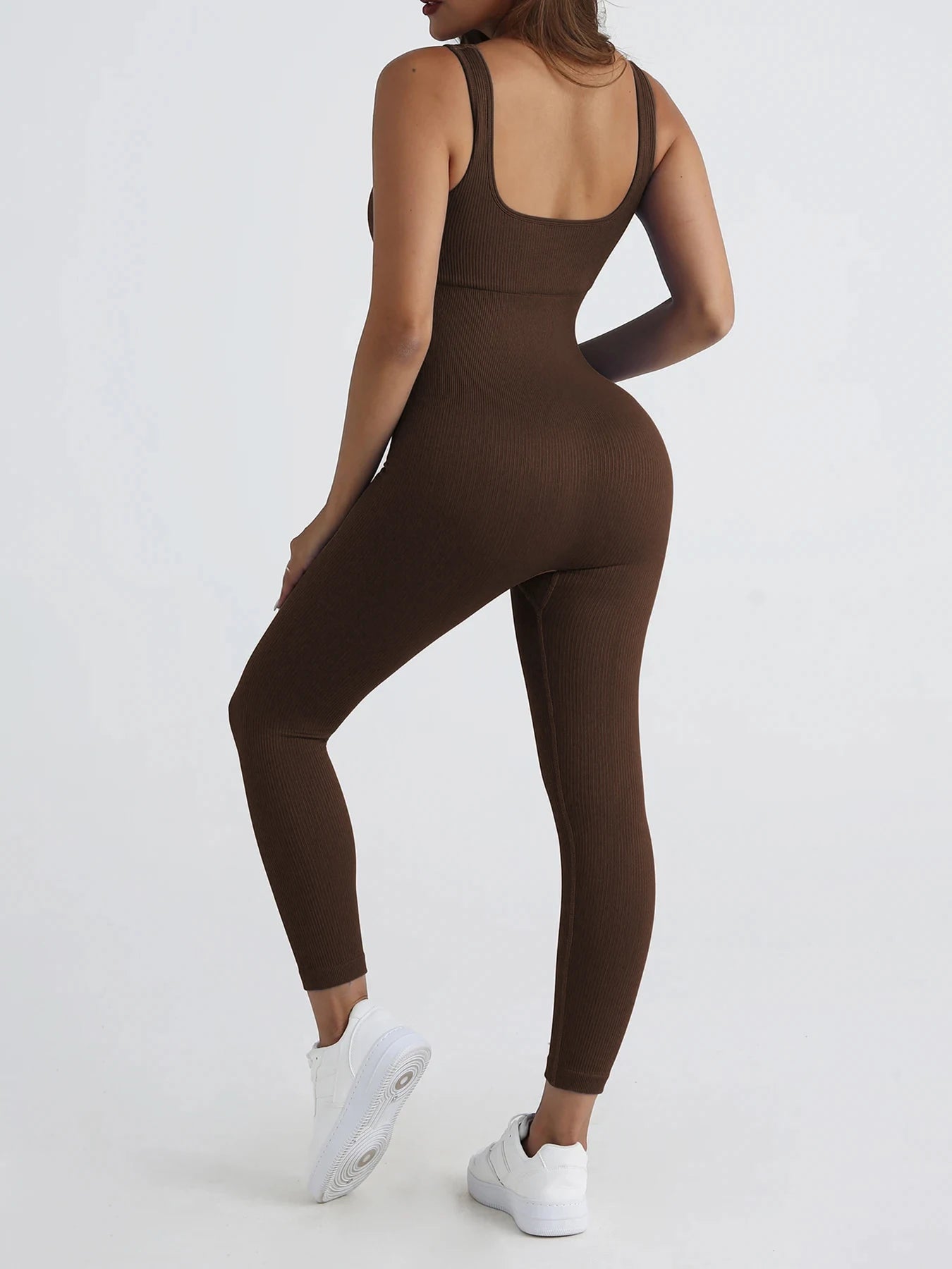 Women Workout Seamless Jumpsuit Yoga Ribbed Bodycon One Piece Square Neck Leggings Romper