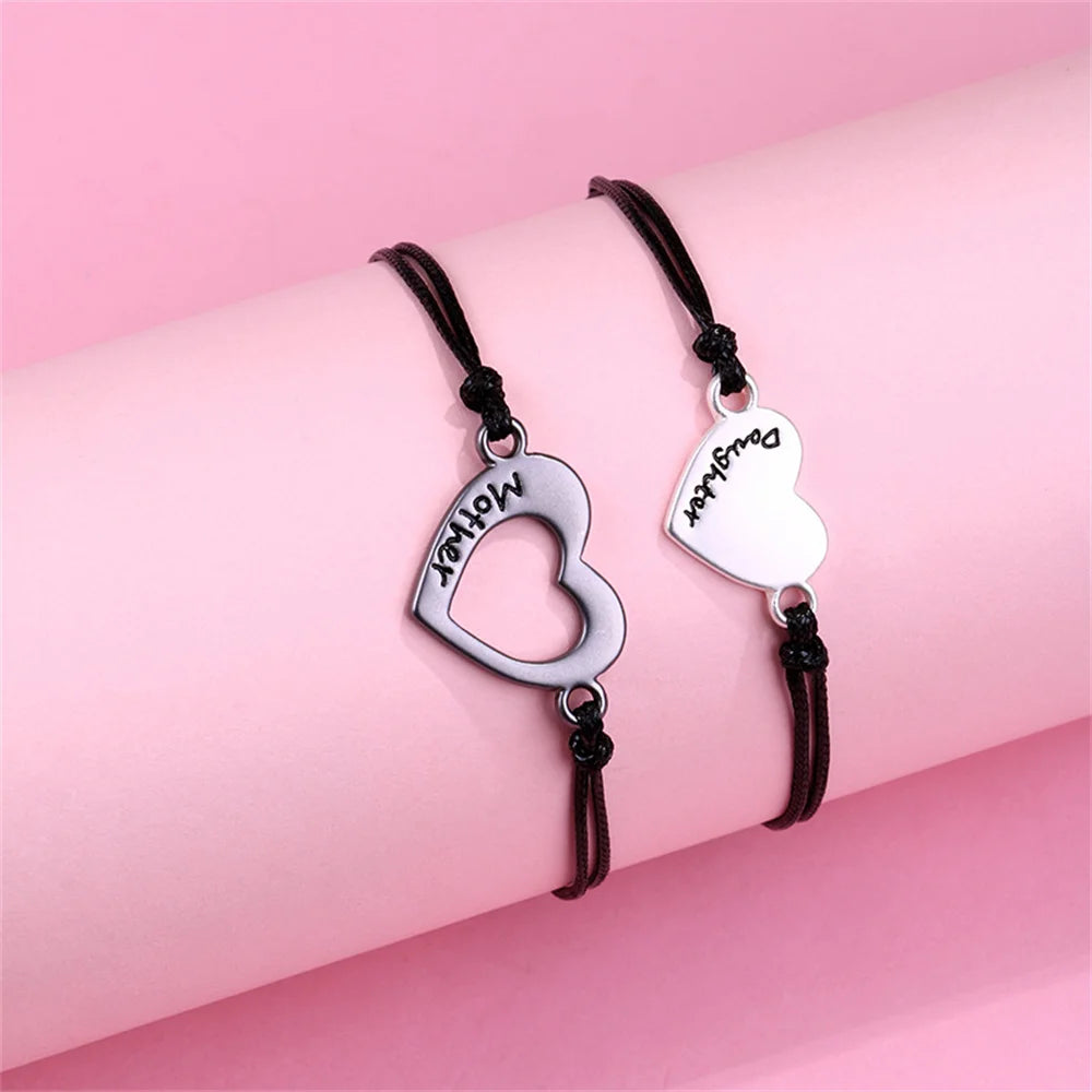 2Pcs Mother and Daughter Hollow Heart Braided Bracelet Adjustable Love Wrist Rope Bangle DIY Jewelry Accessories Festival Gifts