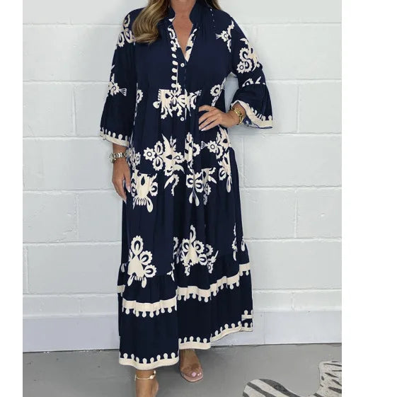 2024 Autumn Fashion New Women's Commuting Style Casual Printed Dress Loose Single Breasted Horn Sleeve Elegant Dress