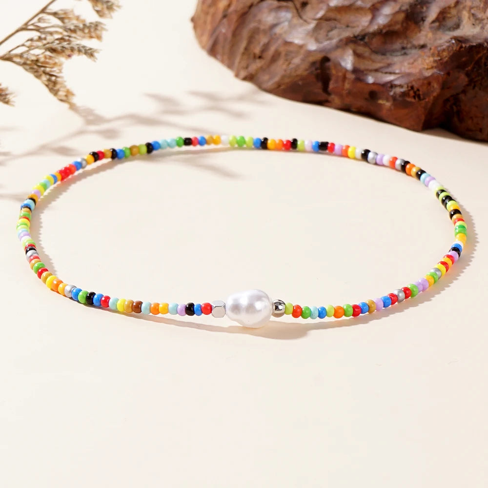 1pc Summer Bohemian style special-shaped natural pearl colorful mixed color beaded anklet