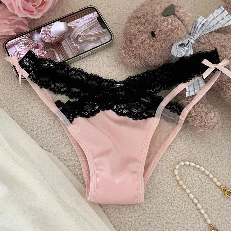 Cross Belt Lace Transparent Sexy Women's Underpants Low Waist Mesh Hollowed Bow Panties Cotton Crotch Breathable Briefs Lingerie