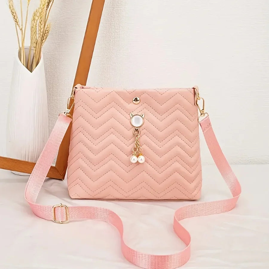 Elegant Quilted Crossbody Bag Stylish Women's Shoulder Purse Featuring Cat Pearl Pendant Ideal Valentine's Gift Novelty Purse