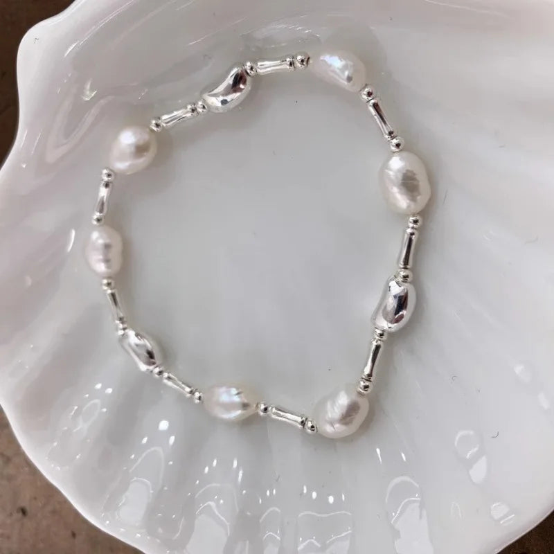 New 925 Silver Geometric Bead Pearl Punk Irregular Asymmetric Adjustable Bracelet For Woman Girl Fashion Jewelry Gift Dropship