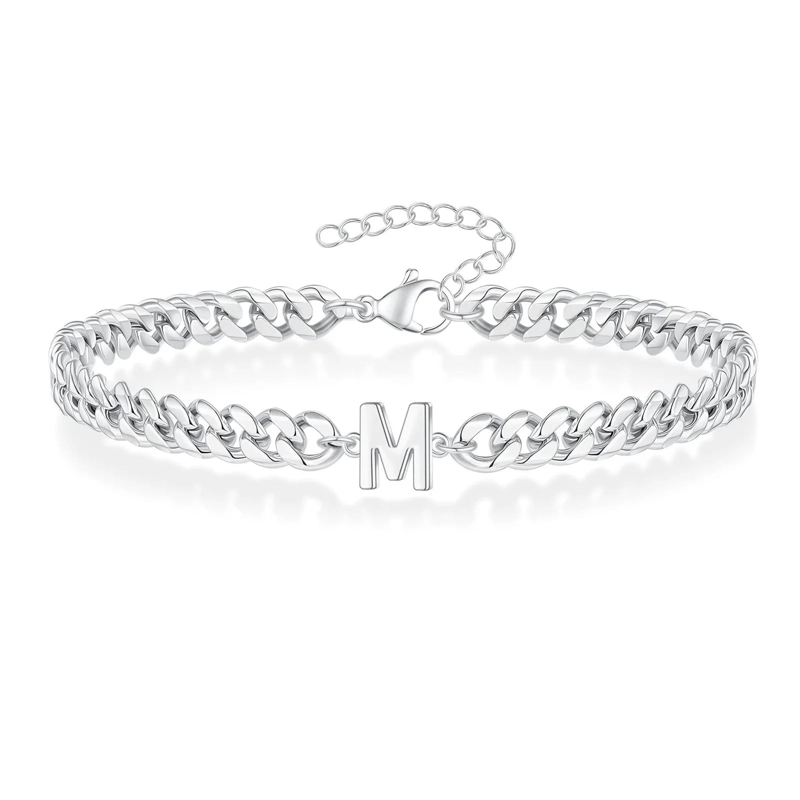 Vnox A-Z Initial Cuban Chain Bracelets for Men Women, Silver Color Stainless Steel Curb Links, Letters Name Charm Bracelet Gift