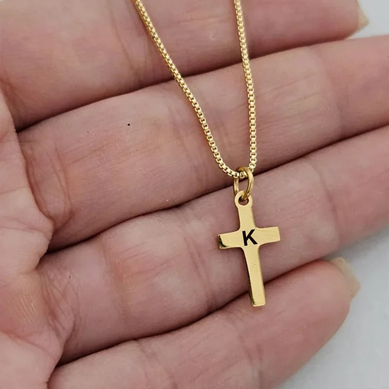Initial Letter Cross Pendant Necklace - Gold Plated Kids Jewelry A-Z