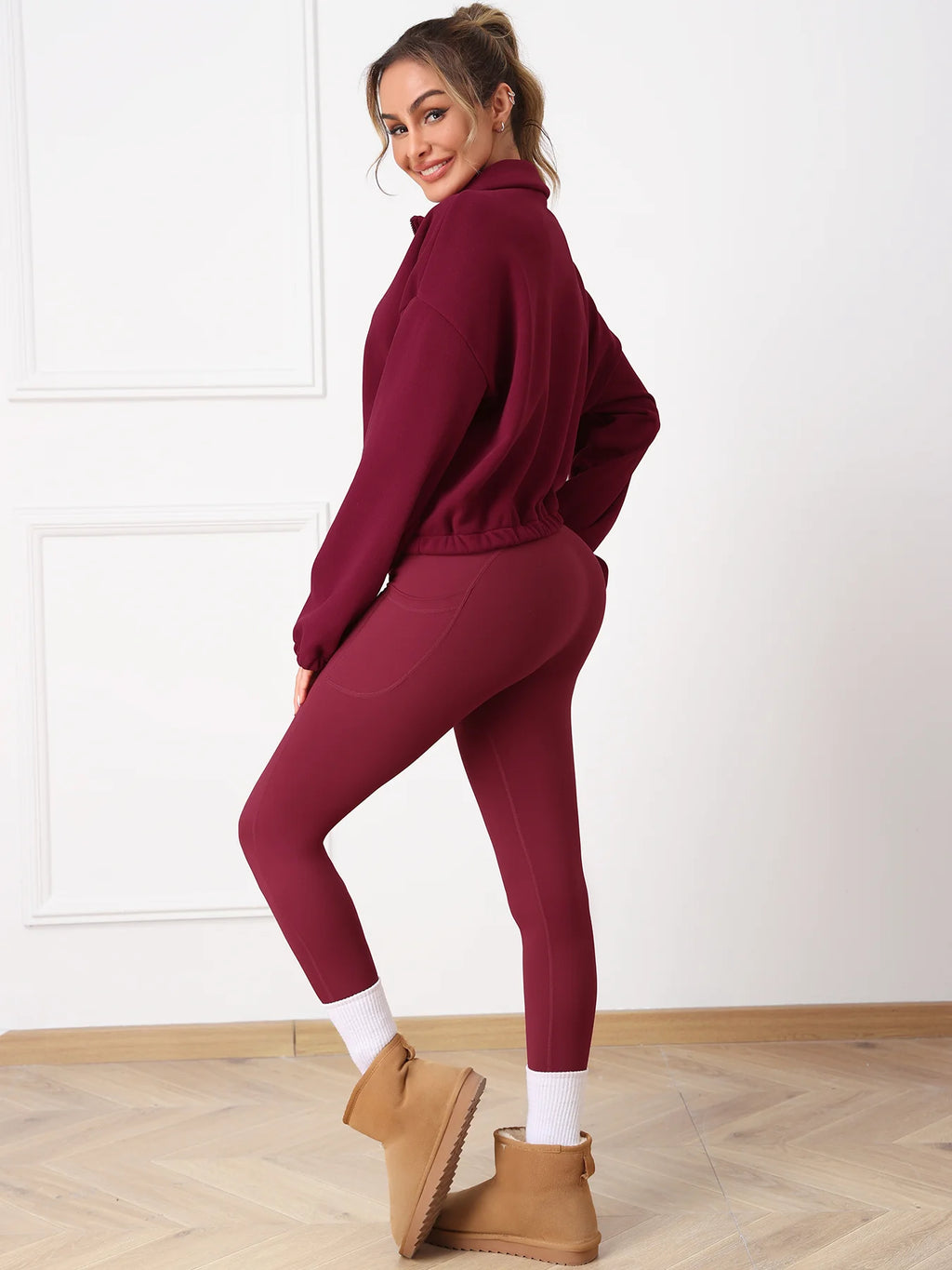 2PCS Thermal Yoga Set Fleece Fintness Suit Women's Sports Set  Fleece Pullover Sweatshirt with Non-fleece-lined  Leggings