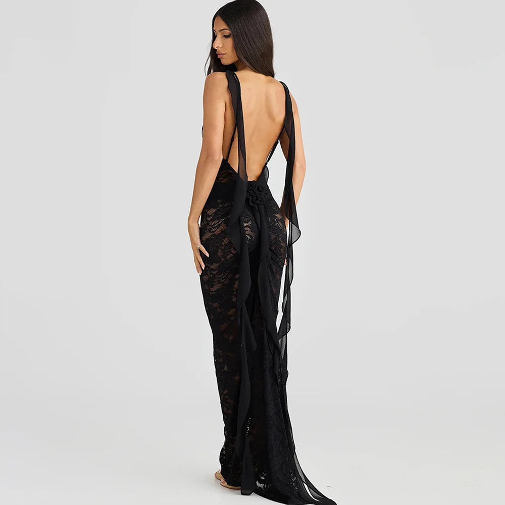 Articat Sexy Sleeveless Lace Patchwork Print Women Backless Party Evening Dress 2024 New Trailing Long Skirt Flowing Vestido