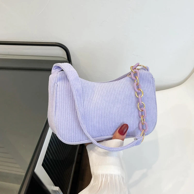 1pc Fashion Vintage Women Handbags Corduroy Underarm Bag Casual Women Shoulder Bags Solid Color Zipper Female Handbag Clutch