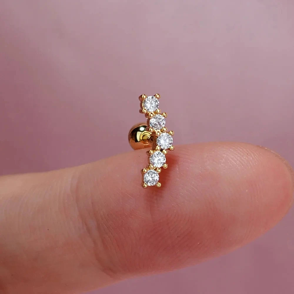 1PC New Curved Cz Cartilage Stud Moon Leaf  Helix Rook Conch Screw Back Earring Stainless Steel Bar Ear Piercing Jewelry