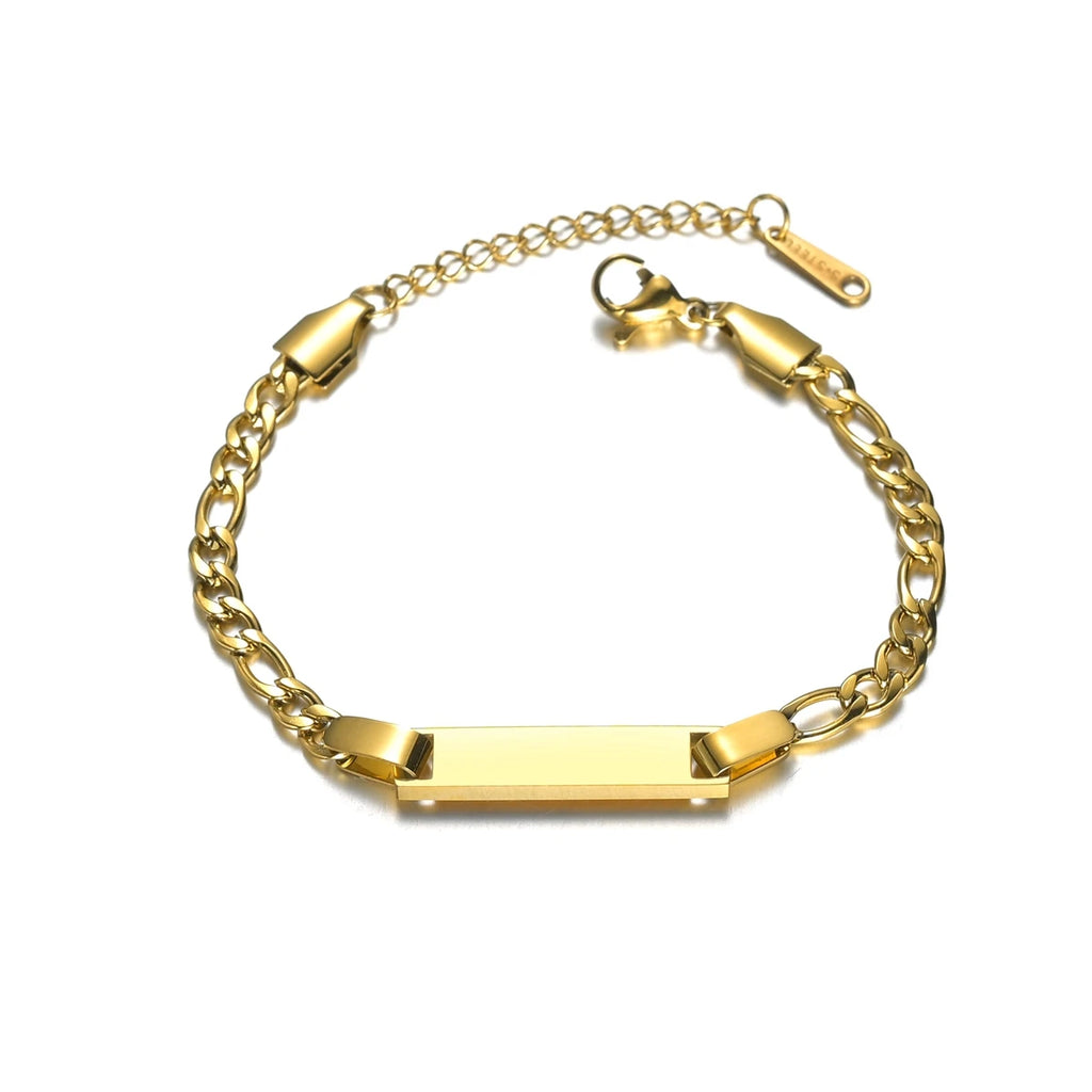 Akizoom Punk Newborn Baby Bracelets Hip Pop Gold Color Stainless Steel Figaro Chain Blank Bar Kids Bangle  Jewelry Birthday Gift