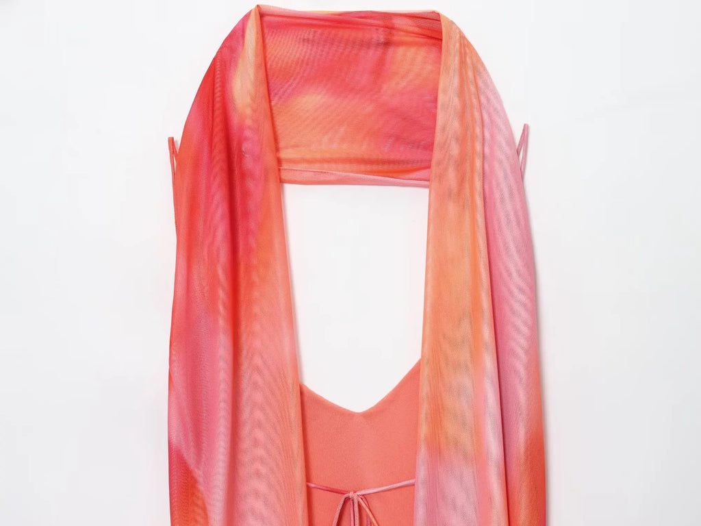 UNIZERA Scarf Printed Backless Long Dress 2025 Summer New Arrivals Women's Wear Elegant Satin Textured Dress