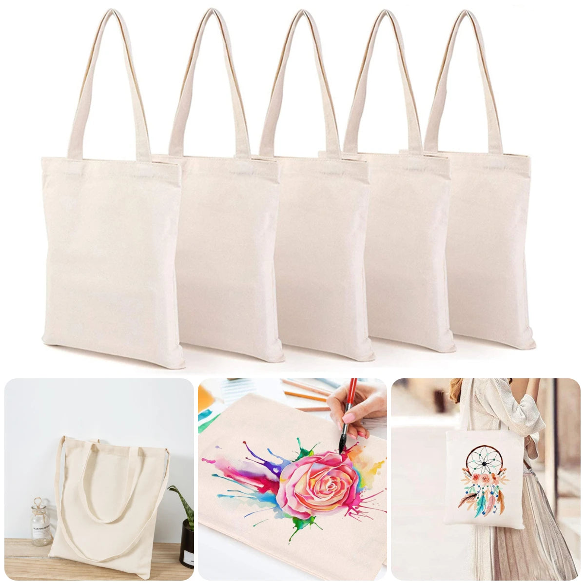 Women Handbags Creamy White Plain Folding Canvas Shoulder Tote Bags Reusable Cotton Grocery High Capacity Shopping Bag Handbags