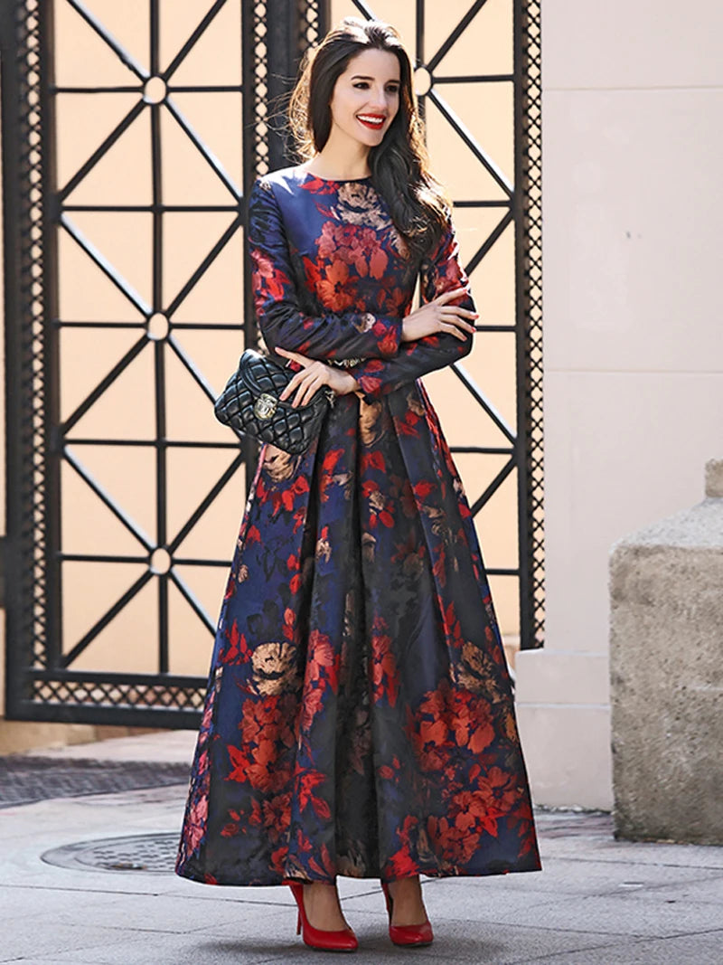 DEVCHATA Good Quality Women Long Sleeve Maxi Dress Fall Fashion Boho Floral Jacquard Ladies Elegant Vintage Party Muslim Clothes
