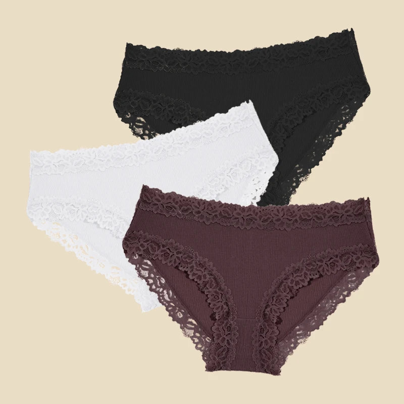 3PCS/Set Cotton Lace Underwear for Women Sexy Ribbed Floral Panties Comfortable Low-Waist Briefs Female Solid Comfort Lingerie