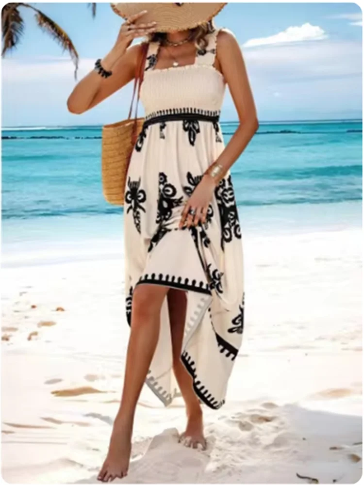Trendy Square Neck Sleeveless Printed Dresses Women's Suspender High Waist Dress Beach Vacation Robe