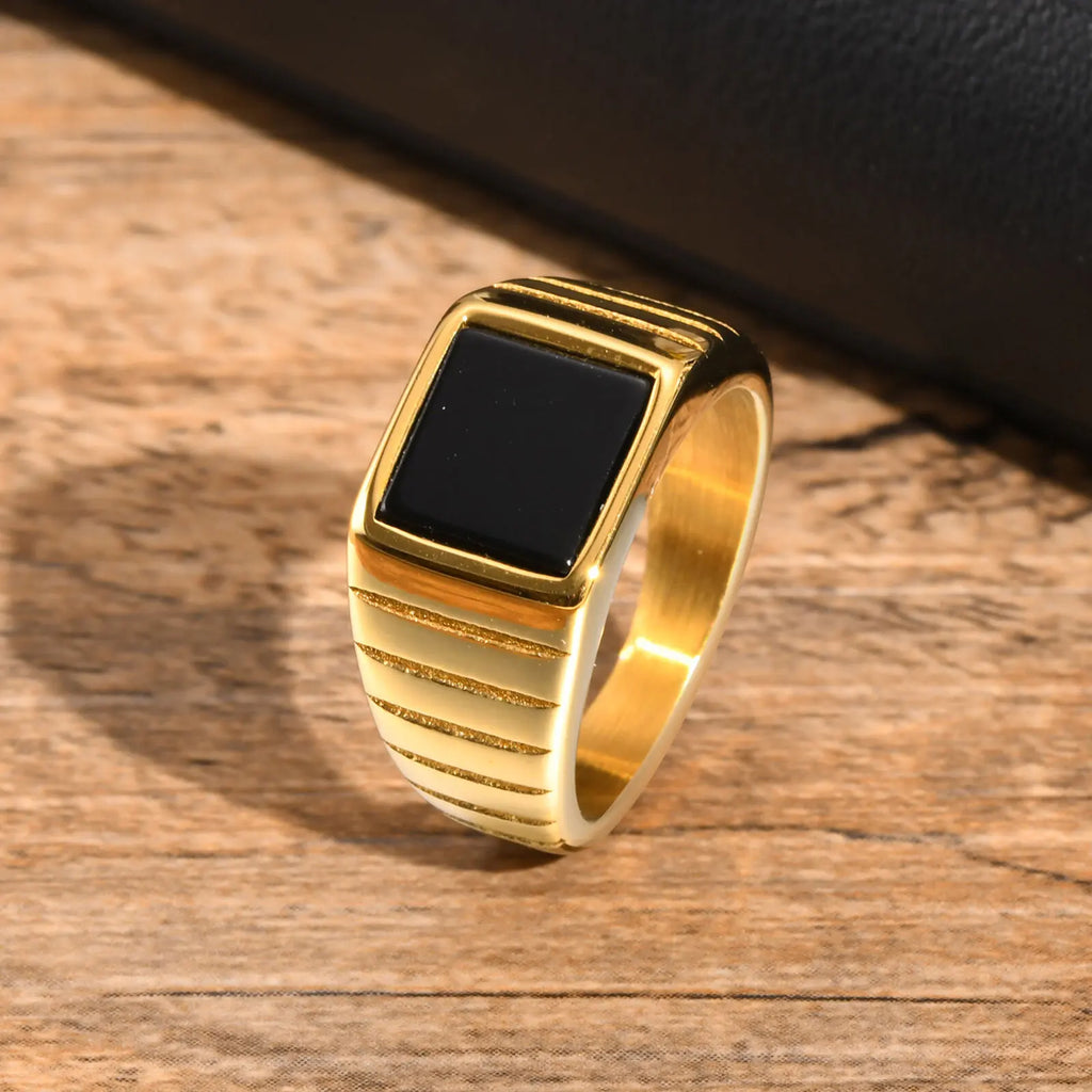 Black Stone Ring for Men,Gold Color Stainless Steel Square Ring Thumb Ring Signet Ring Wedding Ring,Classic Trendy Jewelry Gift