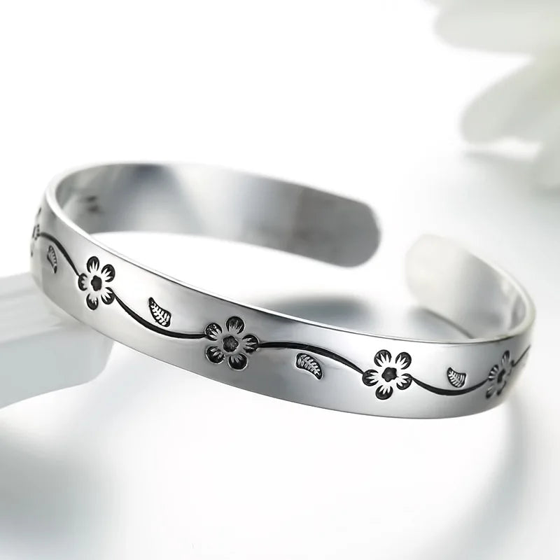 Buyee 925 Sterling Silver Female Bangles Circle Plum Bossom Open Bangles for Women Fashion Fine Jewelry Bangles Gift