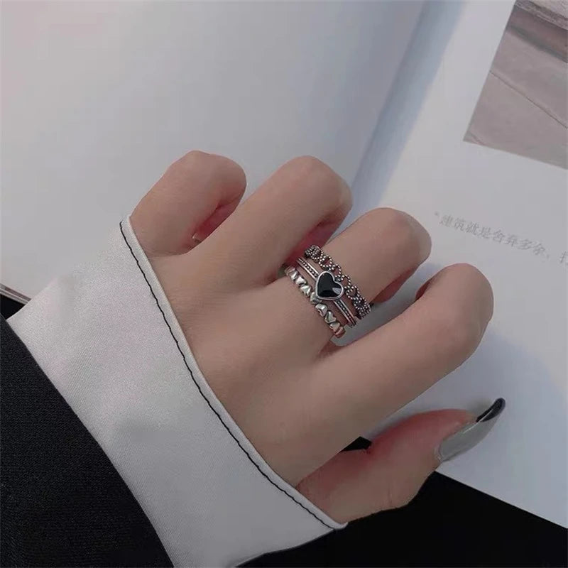 Retro Carved Three Layer Heart Ring - Adjustable Open Band for Men Women