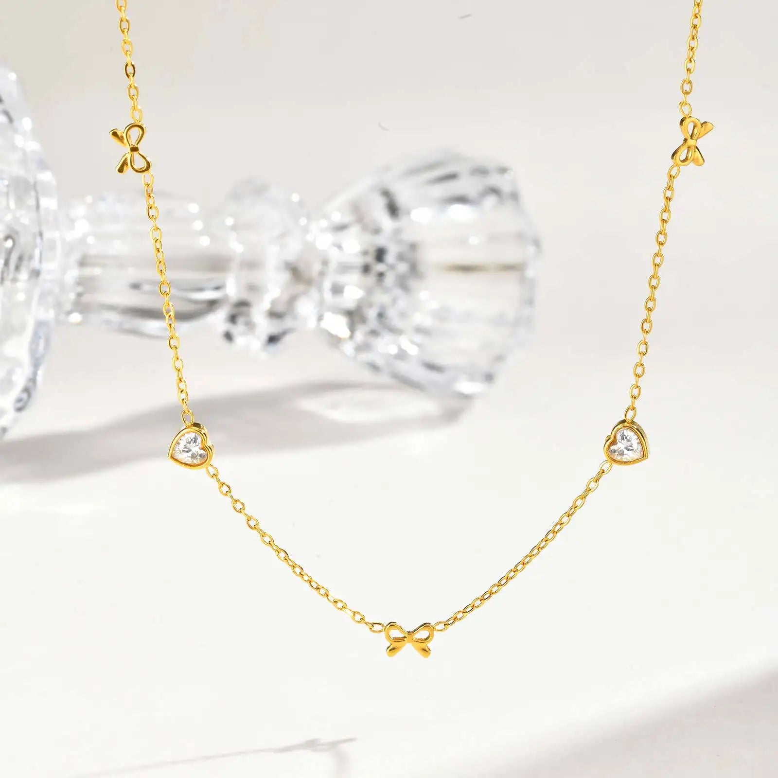 Stainless Steel Heart Cubic Zirconia Chain Necklace for Women, Bowknot Cherry Thin Link Chain Necklace Layered Jewelry