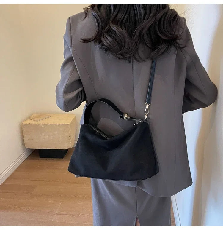 New Solid Color PU Zipper Women's Bag Suede Large Capacity Women's Shoulder Bag Fashion Versatile Casual Dual Purpose Handbag