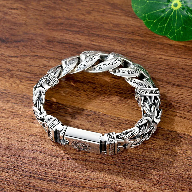 S925 Sterling Silver Personalized Men and Women Bracelets Six-Character Peace Pattern Cuban Chain Jewelry Exquisite Gift