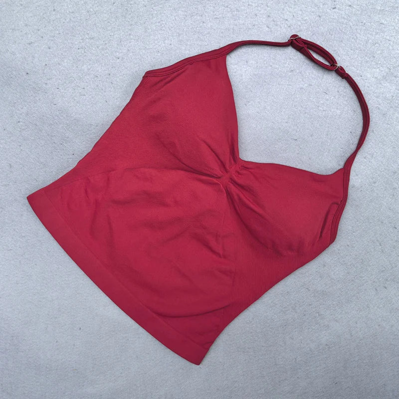 Adjustable Strappy Gym Top - Backless Scrunch Bra with Removable Cups