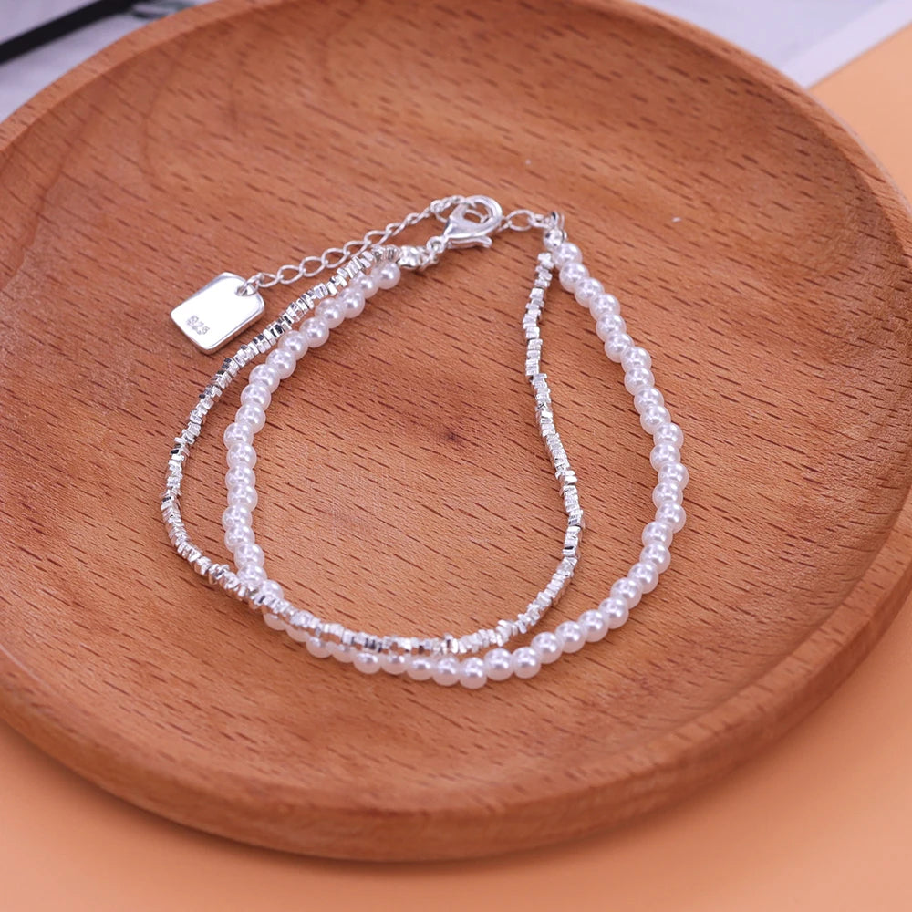 New 925 Silver Geometric Bead Pearl Punk Irregular Asymmetric Adjustable Bracelet For Woman Girl Fashion Jewelry Gift Dropship