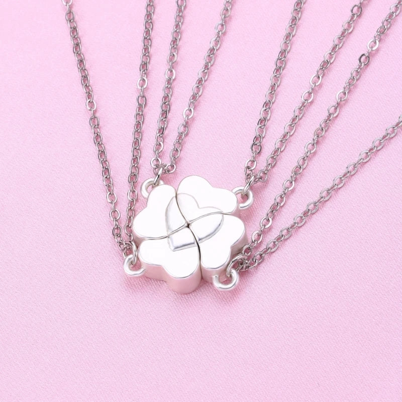 4 Piece Four Leaf Clover Stitching Necklace Magnet Stone BFF Friendship Heart Pendant Chain Choker Necklace Jewelry Dropship