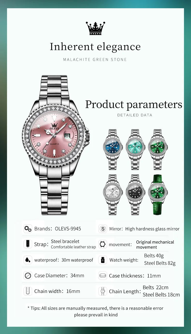 OLEVS 9945 Top Brand Original Quartz Watch for Women Luxury Diamond Lap Calendar Hand Clock Stainless Steel Ladies Wristwatches