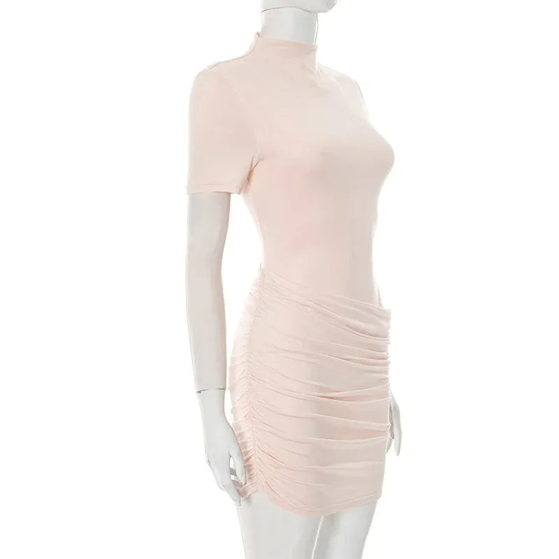 Women Hollow Out Short Sleeve Ruched Sexy Mini Dress for Women Fashion Half High Collar Skinny Club Party Dresses Female