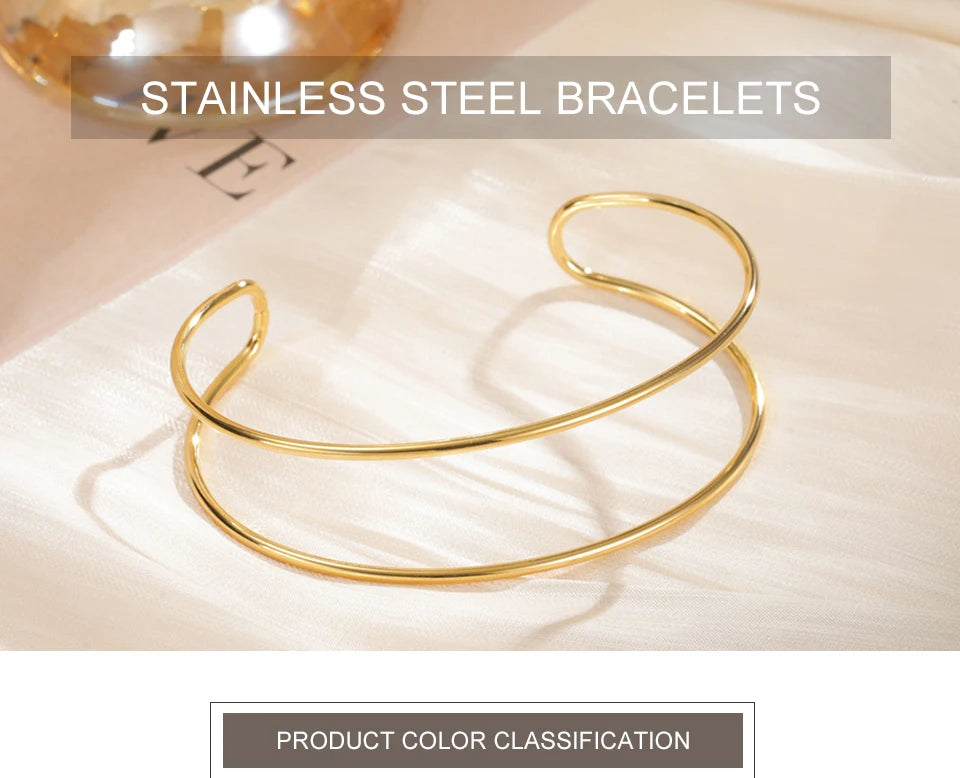 My Shape Simple C Shape for Women Stainless Steel Gold Color Adjustable Open Cuff Bangle Jewelry Double Layered Bracelets Gifts