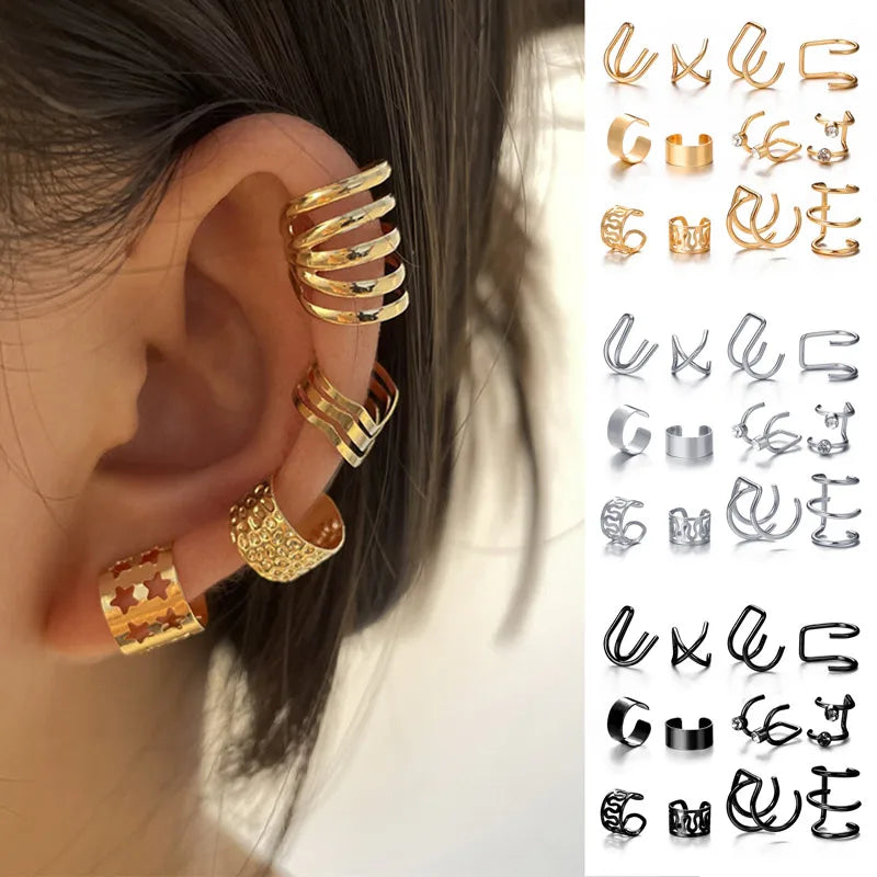 KOTiK 2024 New Gold Silver Color Leaves Clip Earrings for Women Fashion Ear Cuff Non-Piercing Earrings Set Trend Jewelry Gift